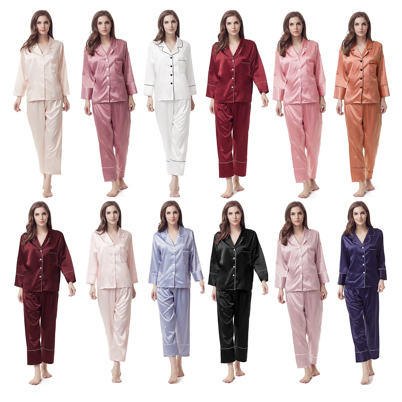

Hot Selling Custom Adult Long Sleeves Pajama Long Pants Silk Satin Pajamas Set For Women, White, black, burgundy, dusty blue, orange, nude pink, skin red...