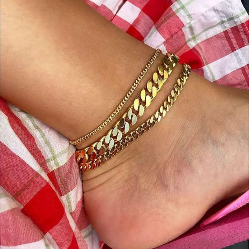 

3mm 6mm 8mm Punk Miami Cuban Chain Anklet Foot Jewelry Gold Plated 316L Stainless Steel Stacking Chain Anklets