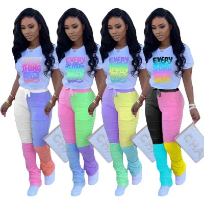 

Girl Two Piece Set Color Block Stacked Jogging Pants Plus Size Clothing Womans 2 Piece Summer Outfits 2022