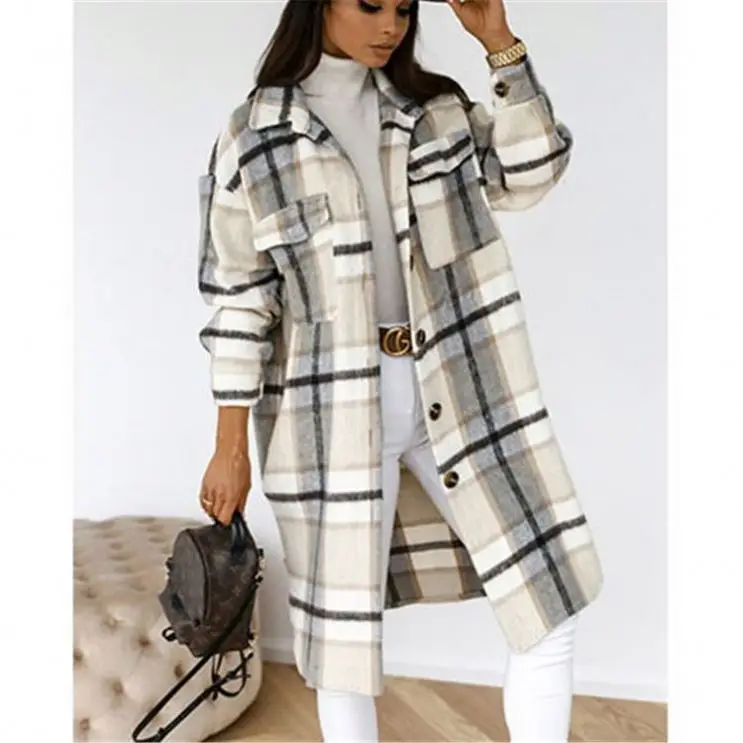 

2021 Women'S Casual Lapel Button Down Long Plaid Shirt Coat Tartan Shacket Jacket RTS