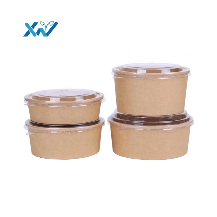 

Food Packing Container Salad Bowls Kraft Paper Bowl with Paper PP Disposable Custom Logo Printing FREE Sample Craft Paper Round