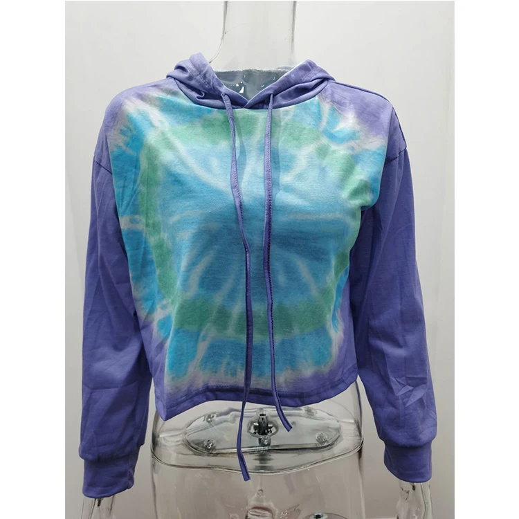 

WW-0237 Ladies' Tie-dye Hooded Fleece Loose Gradient Long Sleeve Blouse Wholesale Pajamas For Womans Tie Dye Crop Long Sleeve, Customized color