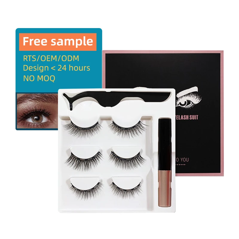 

2022 custom box 3 pairs magnetic eyeliners and eyelashes with tweezers kit 3D magnetic false mink eyelashes full strip lashes