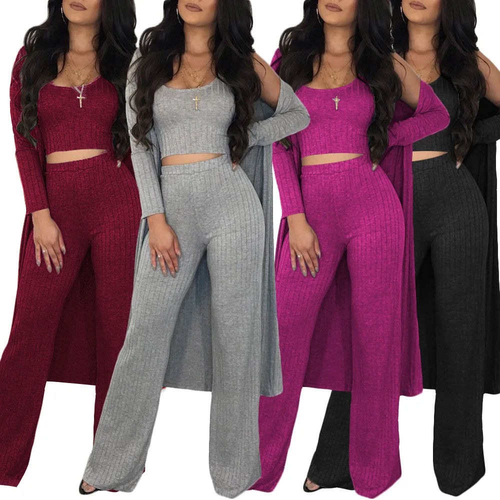 

New Arrival Women Casual Solid Color Pit Strip Long-Sleeved Cloak Vest Pants Cardigan Three Piece Sets Women's Clothing