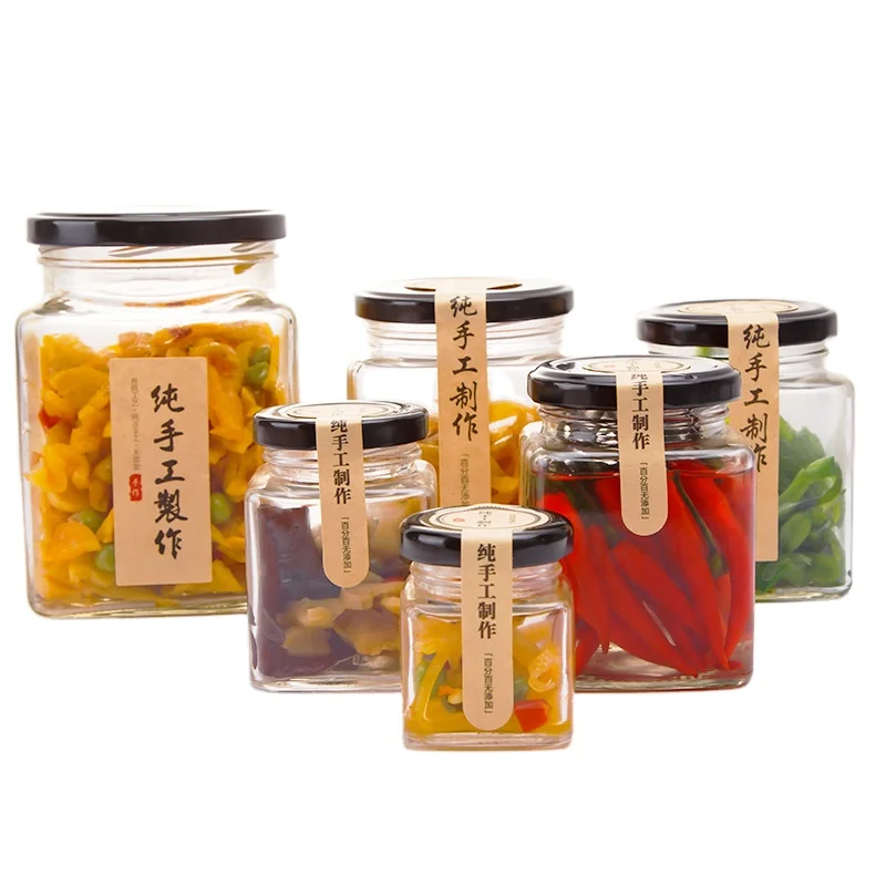

Empty food storage square glass jar glass honey jar glass bottle with metal lid, Transparent