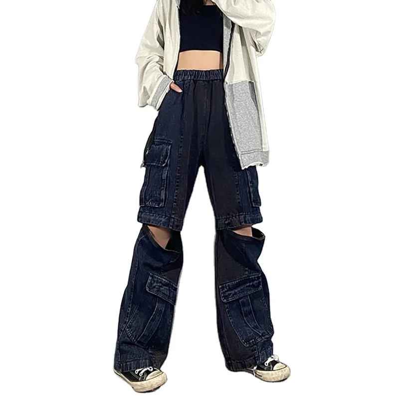 

Hip Hop Color Contrast Jeans Women's Spring 2021 New Elastic High Waist Multi Pocket Spliced Zipper Loose Cargo Pants