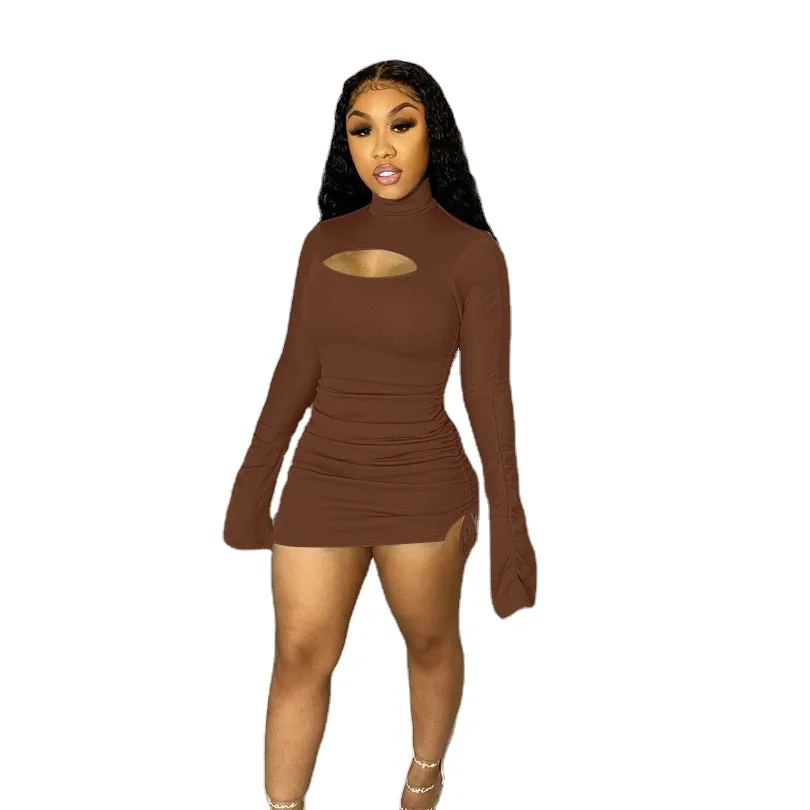 

Wholesale 2021 new trend bodycon crew neck hollow out hot night long pleated sleeves drawstring dress new born dresses
