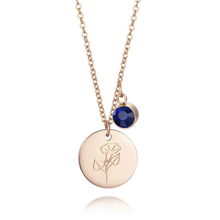 

Dropshipping 316L stainless steel 12 birth stone crystal charm necklace jewelry,birth flower rose pendant necklace for women