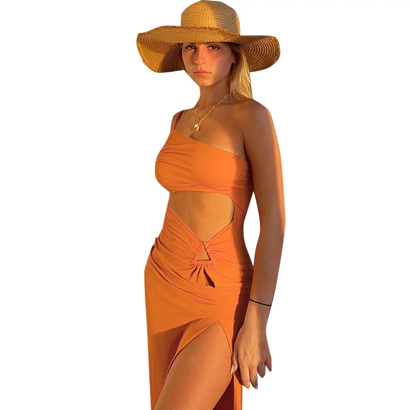 

Spring 2022 New arrival Women sleeveless Asymmetrical hollow out casual sexy casual dress fashionable ladies midi dresses
