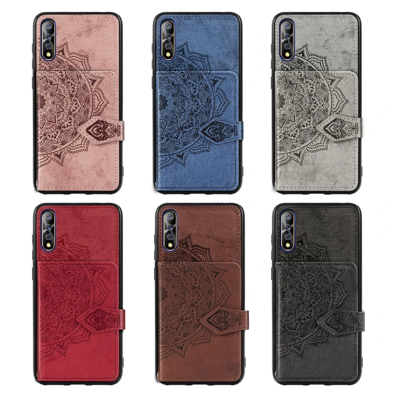 

Anti Drop Shockproof Embossing Mandala Leather Wallet Phone Case with Lanyard For Vivo Y7S S1