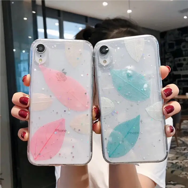 

Shining Glitter Powder Case For iPhone 12 max 12 pro 11 X 7 8 Real Flower Leaves leaf Cover Free shipping, Colorful