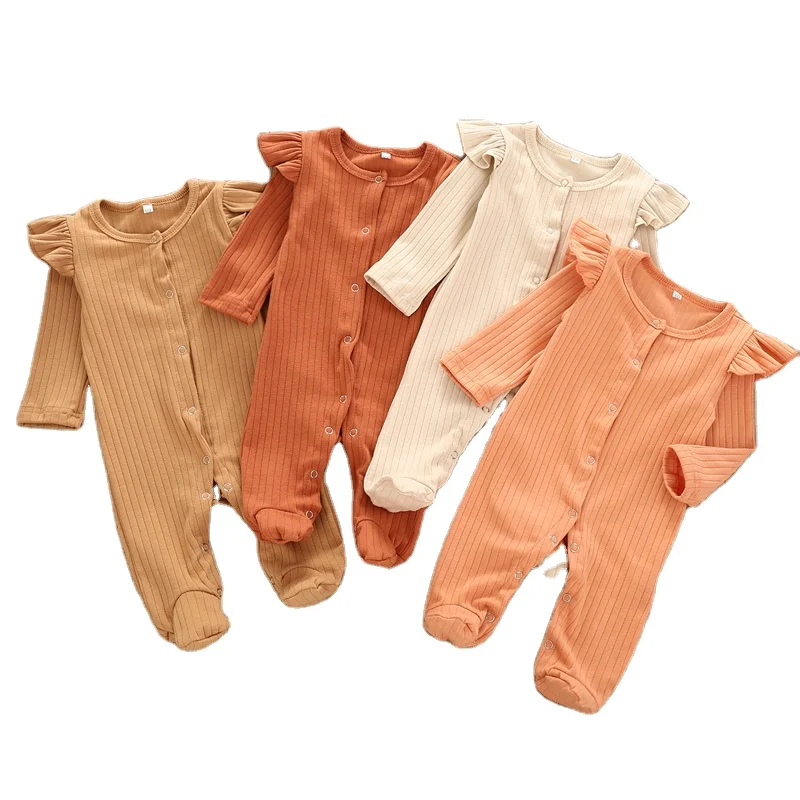 

Infant Clothing Newborn Toddler Girl Long Flutter Sleeve Footed Jumpsuit Baby Organic Ribbed Romper, Photo showed and customized color