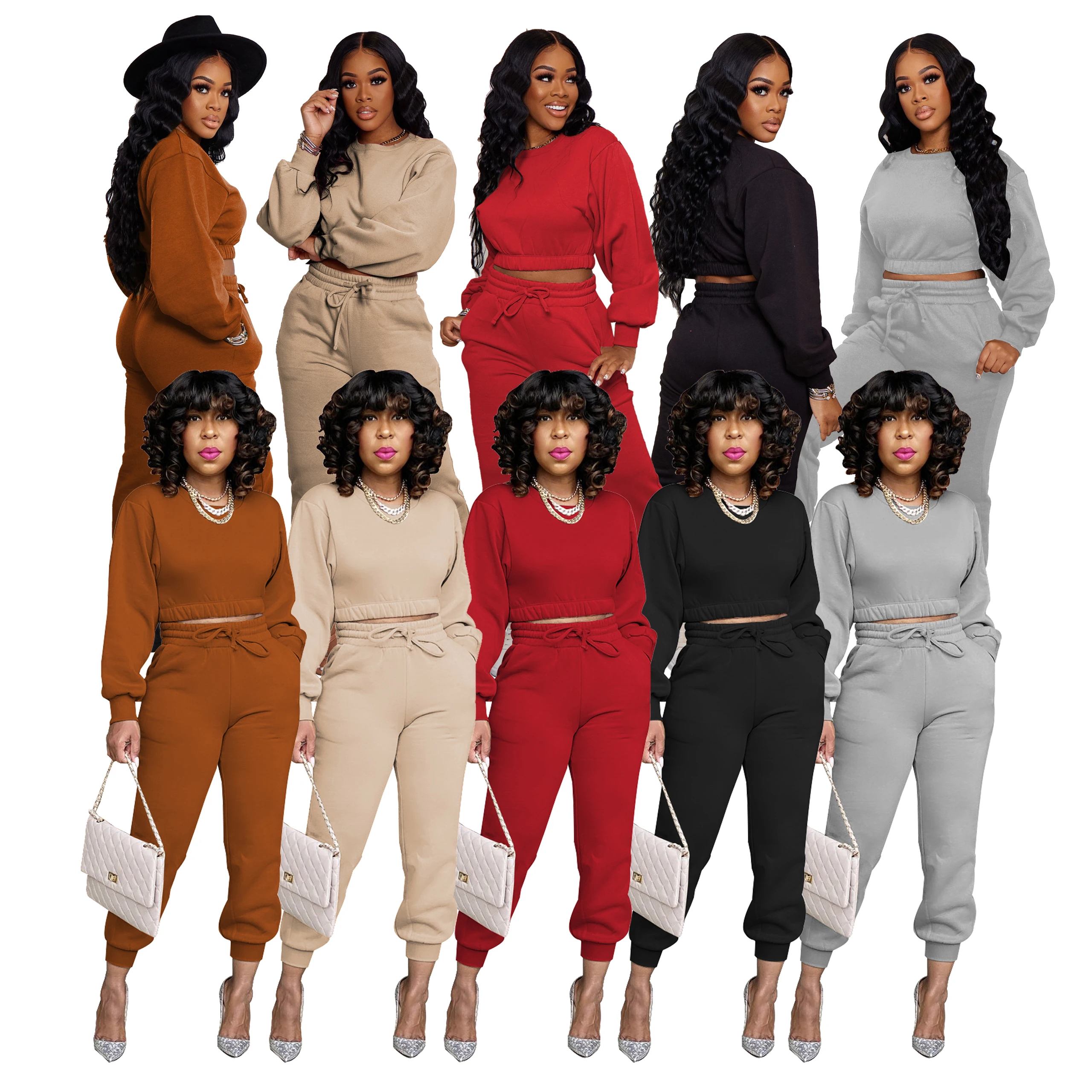 

In Stock New Arrivals 2022 Solid Fleece Long Sleeves Winter Women Two Piece Pant Set