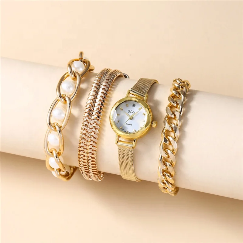 

yiwu 4pcs/set women watch bracelet set gold jewelry for gift, White/black