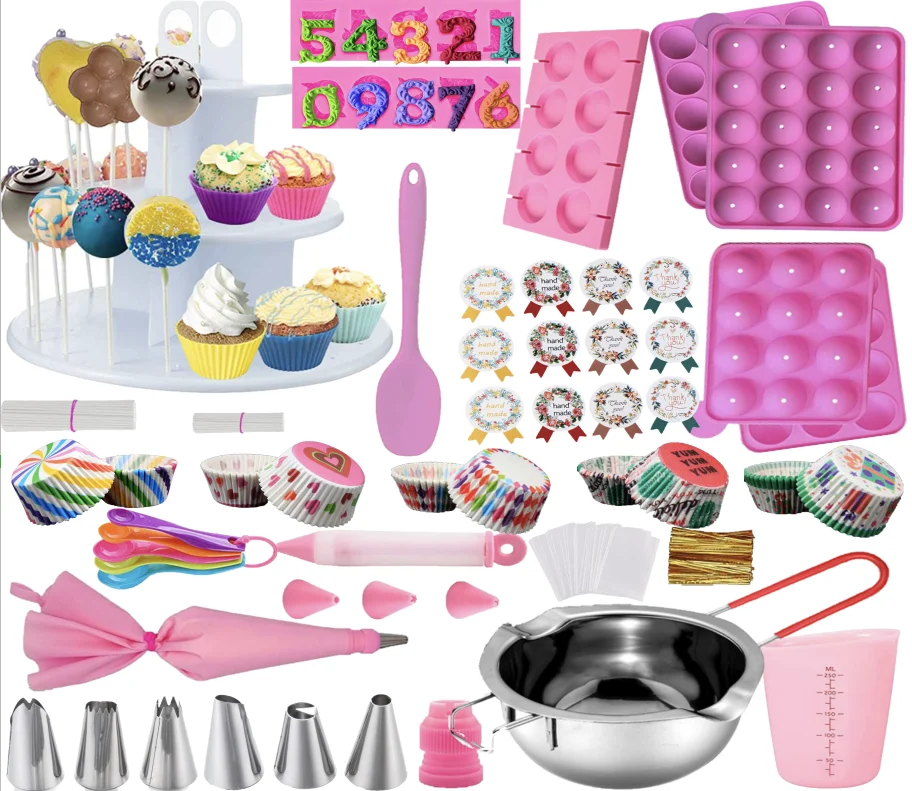 

Cake Pop Maker Kit Silicone Lollipop Mold Set, Baking Supplies with 3 Tier Cake Stand, Chocolate Candy Melting Pot