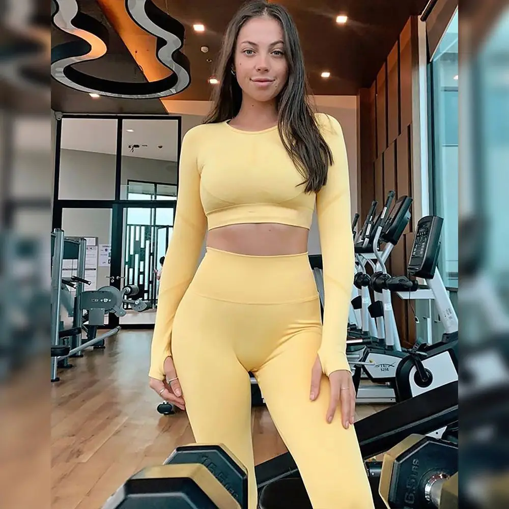 

Hot Designer Yoga Suit Long Sleeve Sports Tight Breathable Seamless Yoga Suit For Women, Red, light yellow, light green, light blue, black