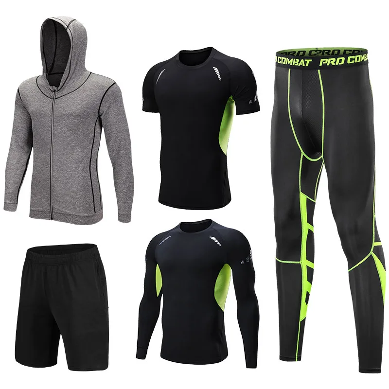 

Men's Gym Fitness Training Workout Clothing 4-way Stretch Gym Wear Men Fitness Running Clothing 5 Piece Set