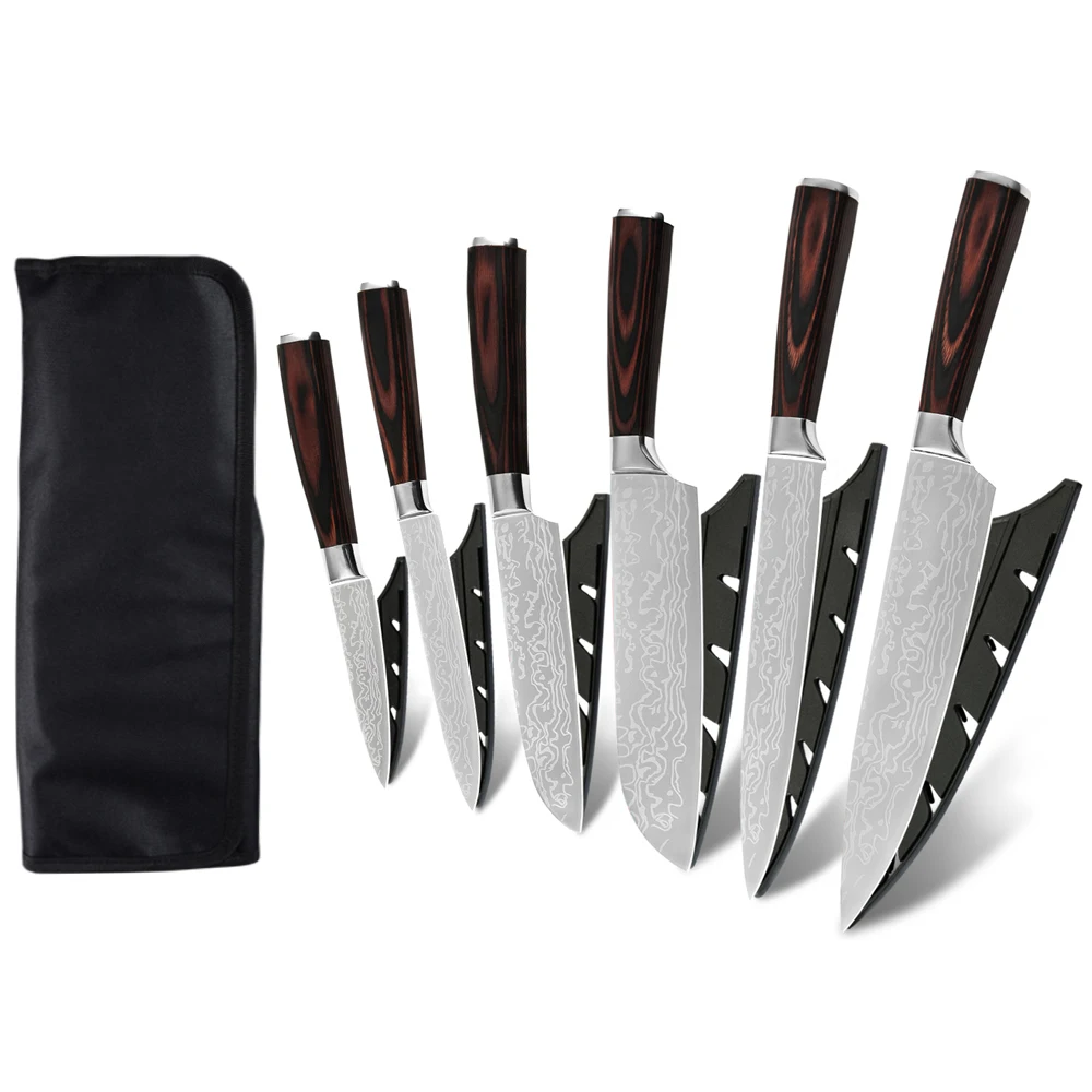 

Free Shipping Amazon HOT Drop ship 7Cr17mov high carbon stainless steel kitchen knives Damascus pattern 7pcs cooking knife set