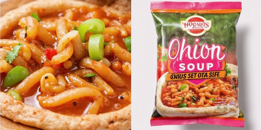 Shelf-stable onion soup packets next to fresh vegetables