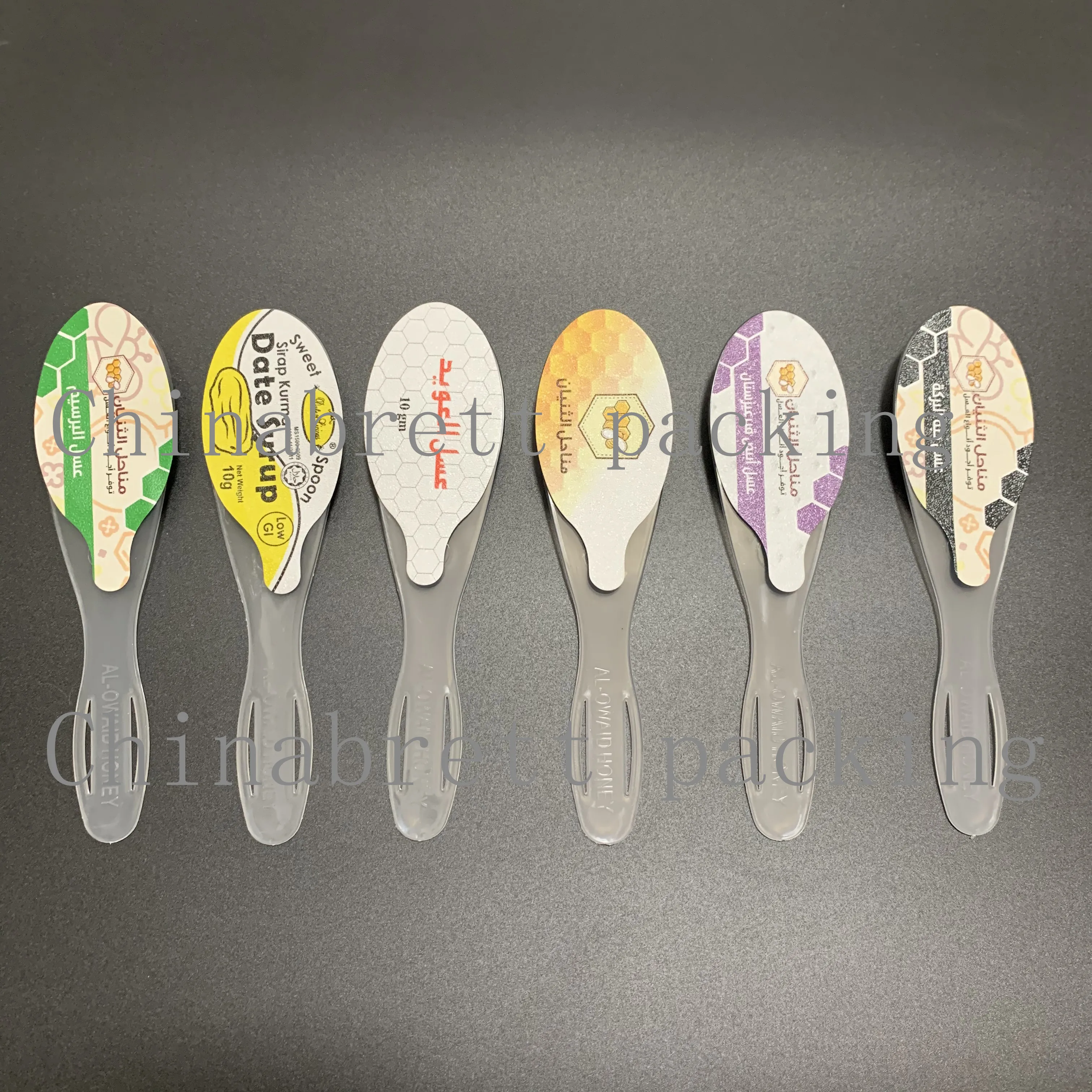 Eco friendly Plastic cup transparent 10g big honey spoon with foil film bags