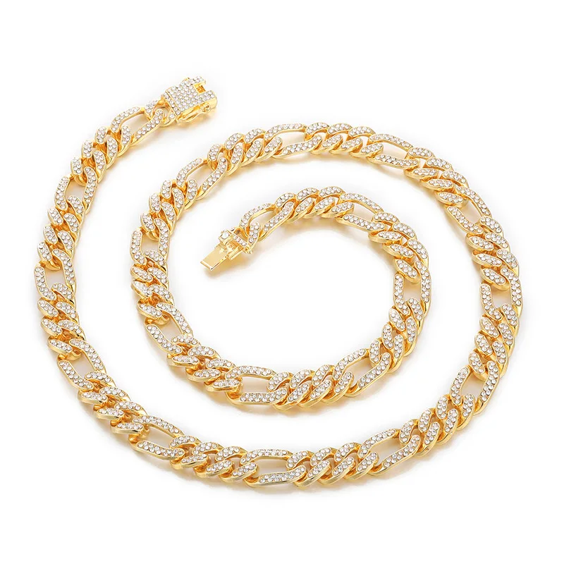 

2021 Hips Pops 13mm Real Gold Plated Heavy Link Chain Necklace Full Crystal Rhinestone Cuban Chain Necklace