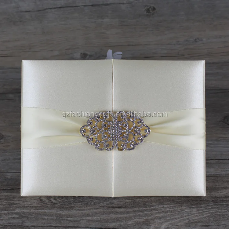 

Cream silk Gate Fold Style Hard Cover Luxury Silk Wedding Invitations with Lace Ribbon customized birthday invitation cards