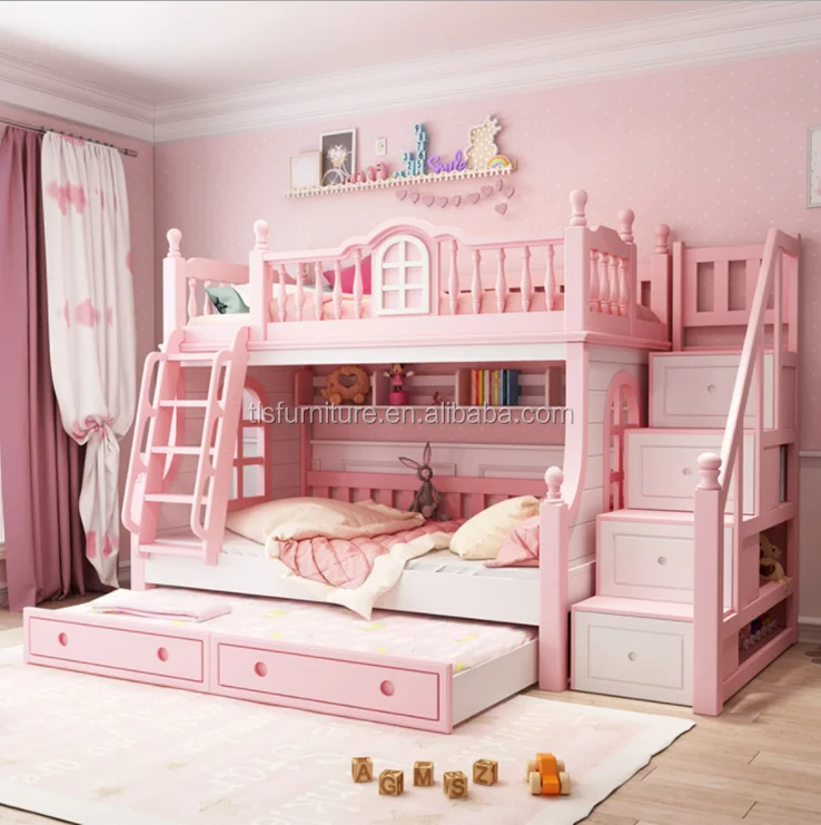 wholesale solid wood frame princess bunk bed for kids cartoon