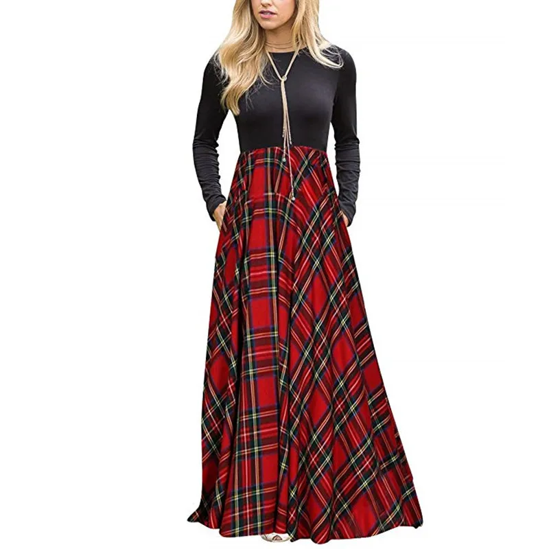 Fashion Women Dress Robe Femme Hiver Women's Plaid Long Sleeve Empire Waist Full Length Maxi Dress With Pockets Female Dresses
