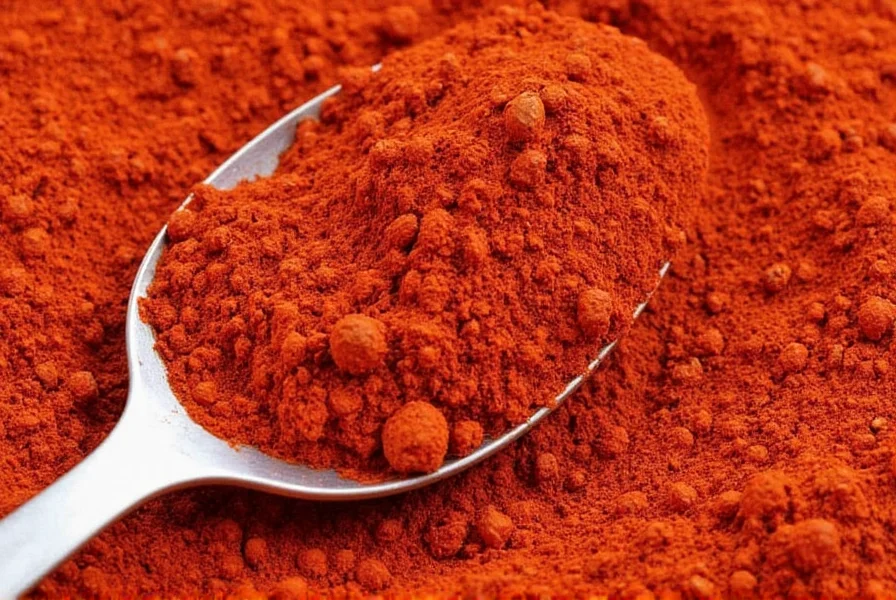 Close-up of vibrant red paprika powder in a wooden spoon with whole dried peppers nearby