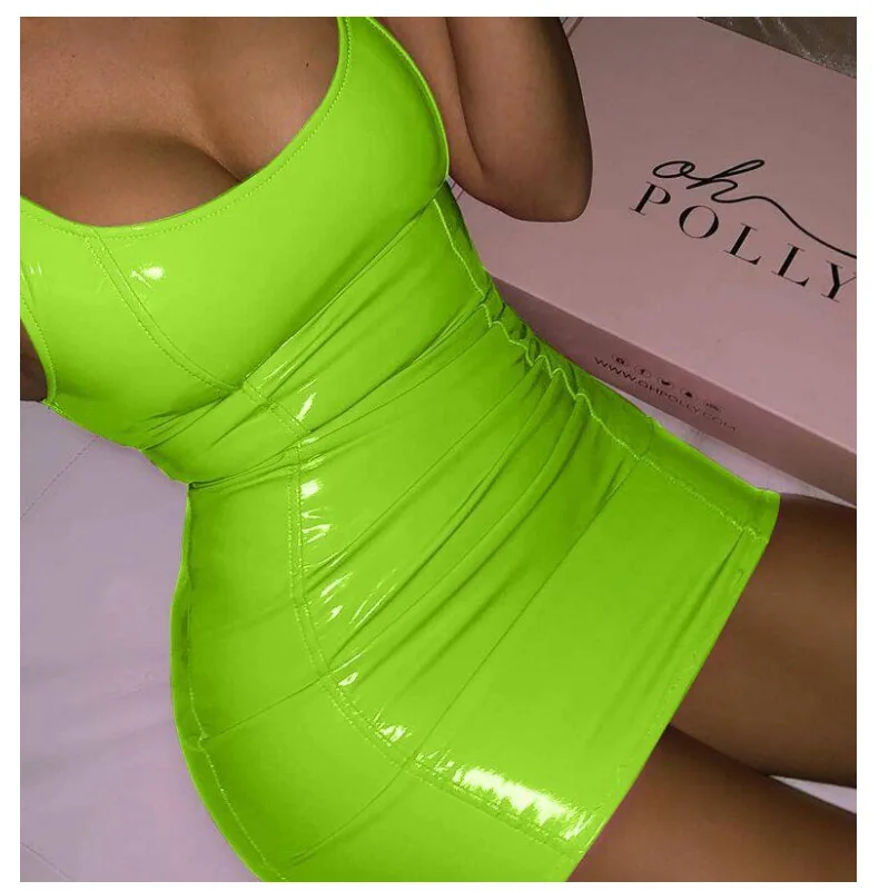 Sexy pu bodycon party women sleeveless backless solid summer sheath mini dress vestidos robe femme