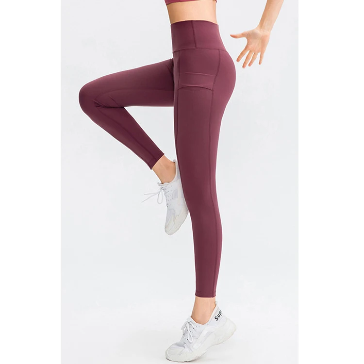 

New Brushed Fitness Stretch Tight Sports Running Hips Breathable High Waist Yoga Pants with Pockets for Women, 5 colors