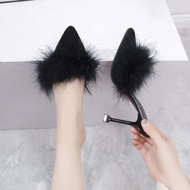 

Women's fancy Elegant Crystal thin high-heeled shoes fur plush slippers summer outdoor fashion party ladies slippers, Black, red, apricot
