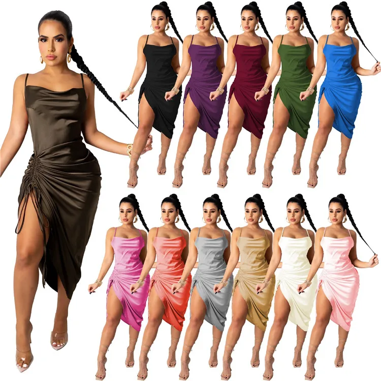 

Hot sexy nightclub party evening dresses sleeveless backless halter pure color pleated sling side hollow out drawstring dress