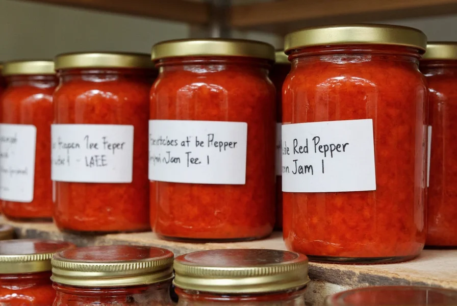Properly sealed jars of red pepper jam arranged on shelf with labels showing preparation date