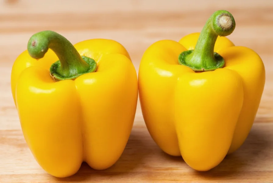 Close-up comparison of fresh yellow banana peppers next to pepperoncini on wooden cutting board showing subtle shape and color differences