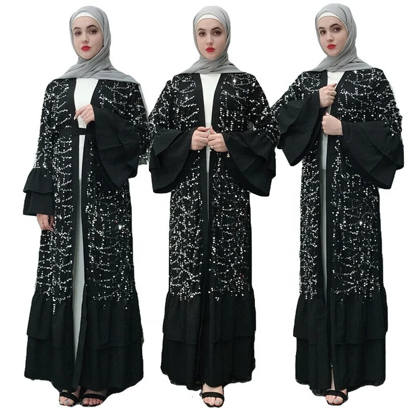 

Wholesale women muslim sequin lace kimono abaya cardigan long maxi dress, Black