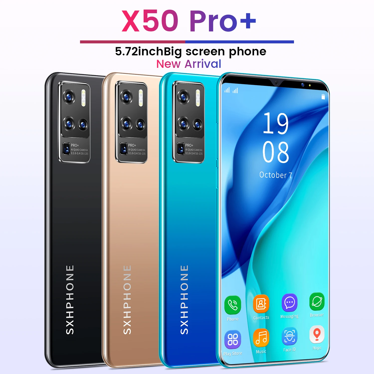 

X50 Pro+ 5.72inch Smartphone 4+64GB Large Memory 8 Core Dual SIM Face Recognition Fingerprint Unlock Mobile Phone