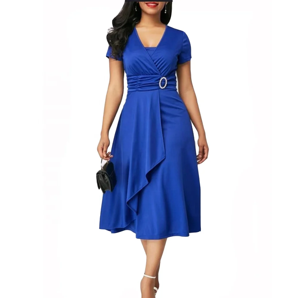 

Women's Summer Elegant Korea Plus Size High Waist Plain Short Sleeve V-Neck Casual Warp Midi Evening Dress for Party