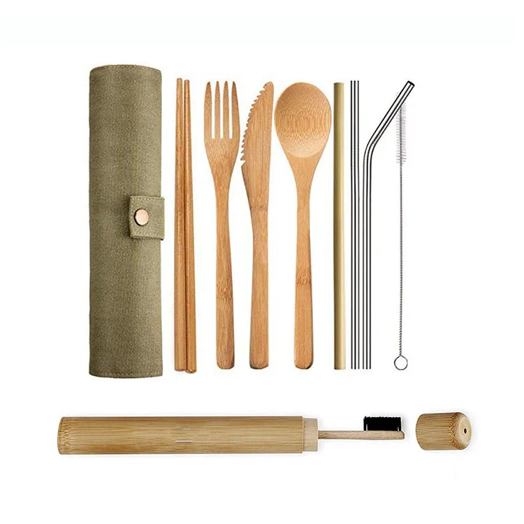 Bamboo travel cutlery set eco friendly flatware set knife fork spoon camping cutlery set with pouch