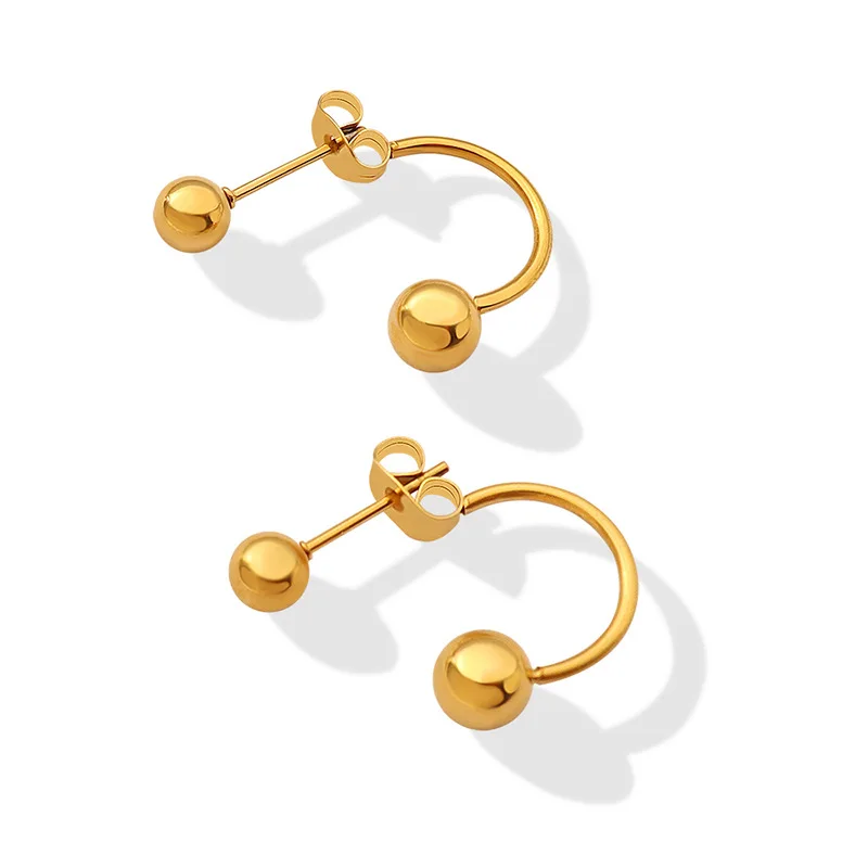 

Simple Stainless Steel Gold Color Ball Stud Earrings 18k Gold Plated Round Bead U Shape Stud Earrings For Young Girl