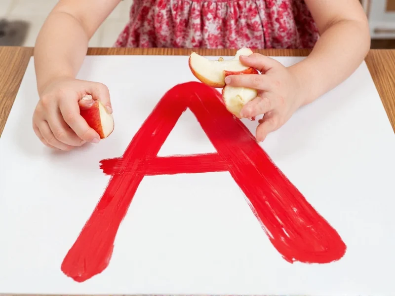 Child's hands stamping letter A with apple half in red paint