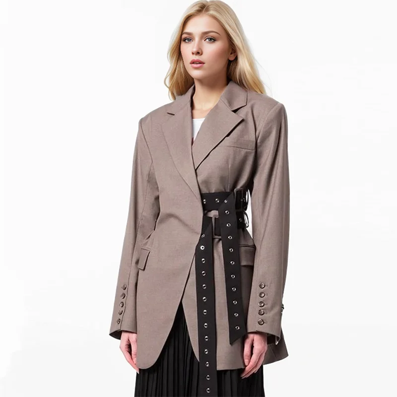 TWOTWINSTYLE Patchwork Belt Casual Blazer Notched Collar Long Sleeve Patchwork Botton Blazer Women