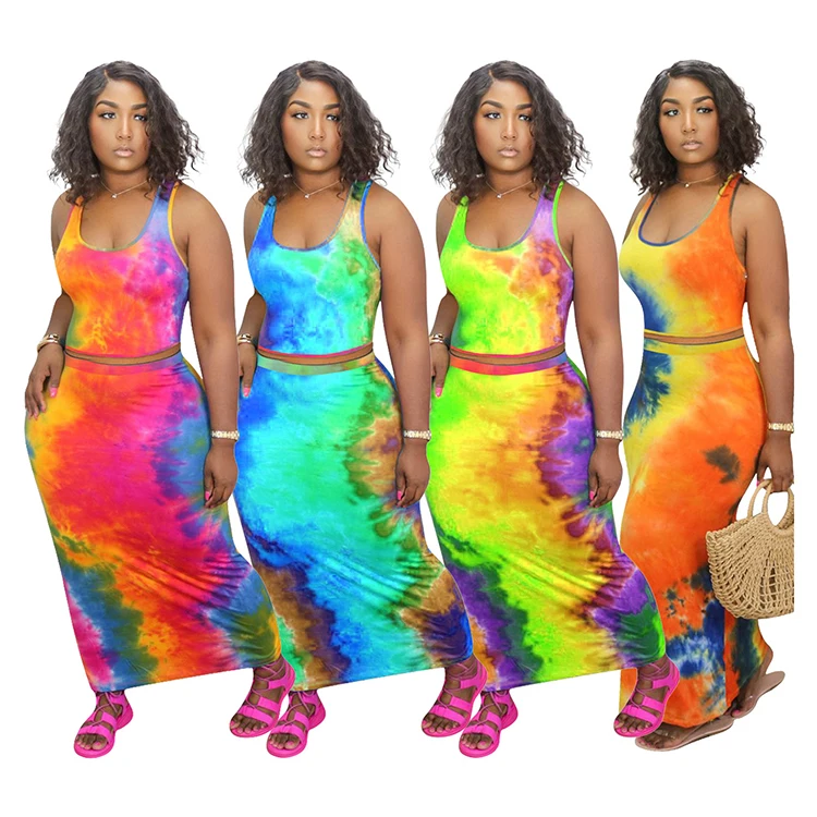 

Dress Outfits Skirt and Top Two Piece Set Women Clothing Fashion Sexy Summer for Women Sleeveless Tie-dye 2 Pcs 1 Set Casual