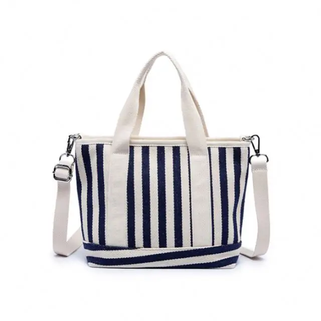 

Canvas tote bag simple casual cotton canvas stripe handbag with zipper pocket cross shoulder canvas bag, As picture or custom