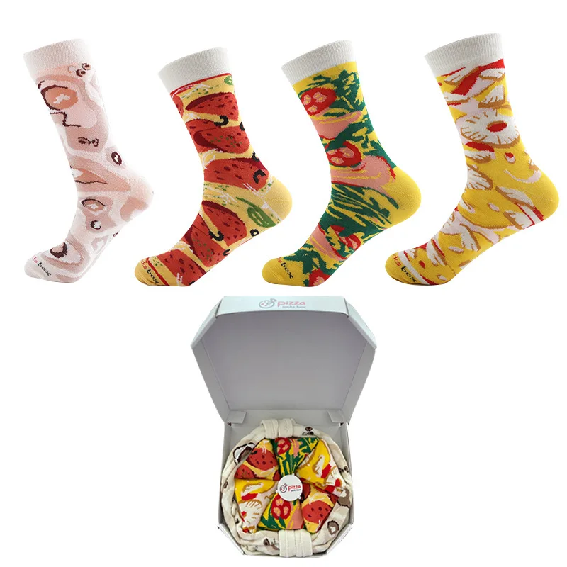 

2023 Personal Men Women Dress Wear Knitted Cotton Crew Socks Unisex Fashion Funny Socks Pizza Gift Box