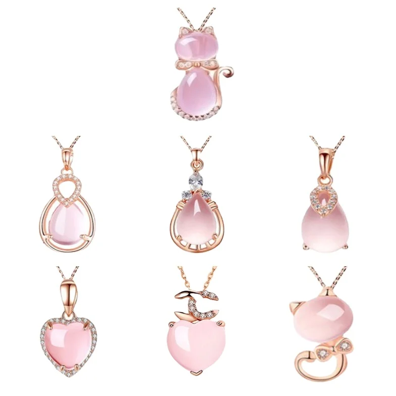 S925 Silver Natural Pink Crystal Stone Pendant Necklace For Women Gemstone Fashion Jewelry