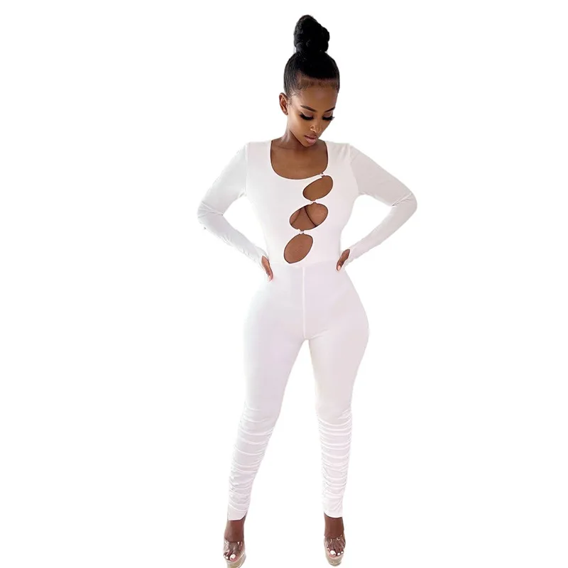 

Factory price long sleeve bodycon jumpsuit for women 2021 custom hollow out jumpsuits leisure activities, Black