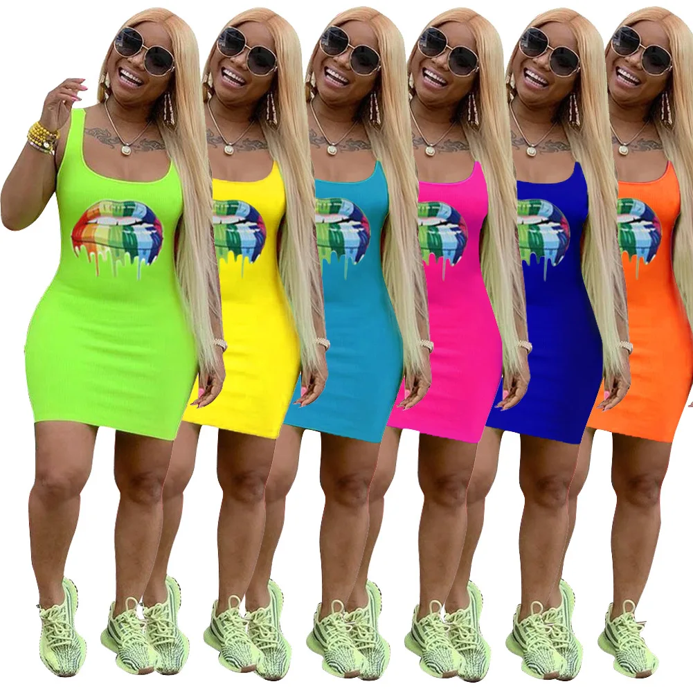 

Solid Basic Bandage Bodycon Dresses 2021 Lip Printed Summer Casual Hot Sale Women Sleeveless 100% Polyester Simple Adults, Picture
