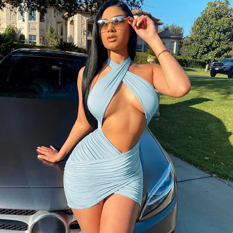

FS3919A 2021 summer hot sale clothes women solid color halter backless short dresses