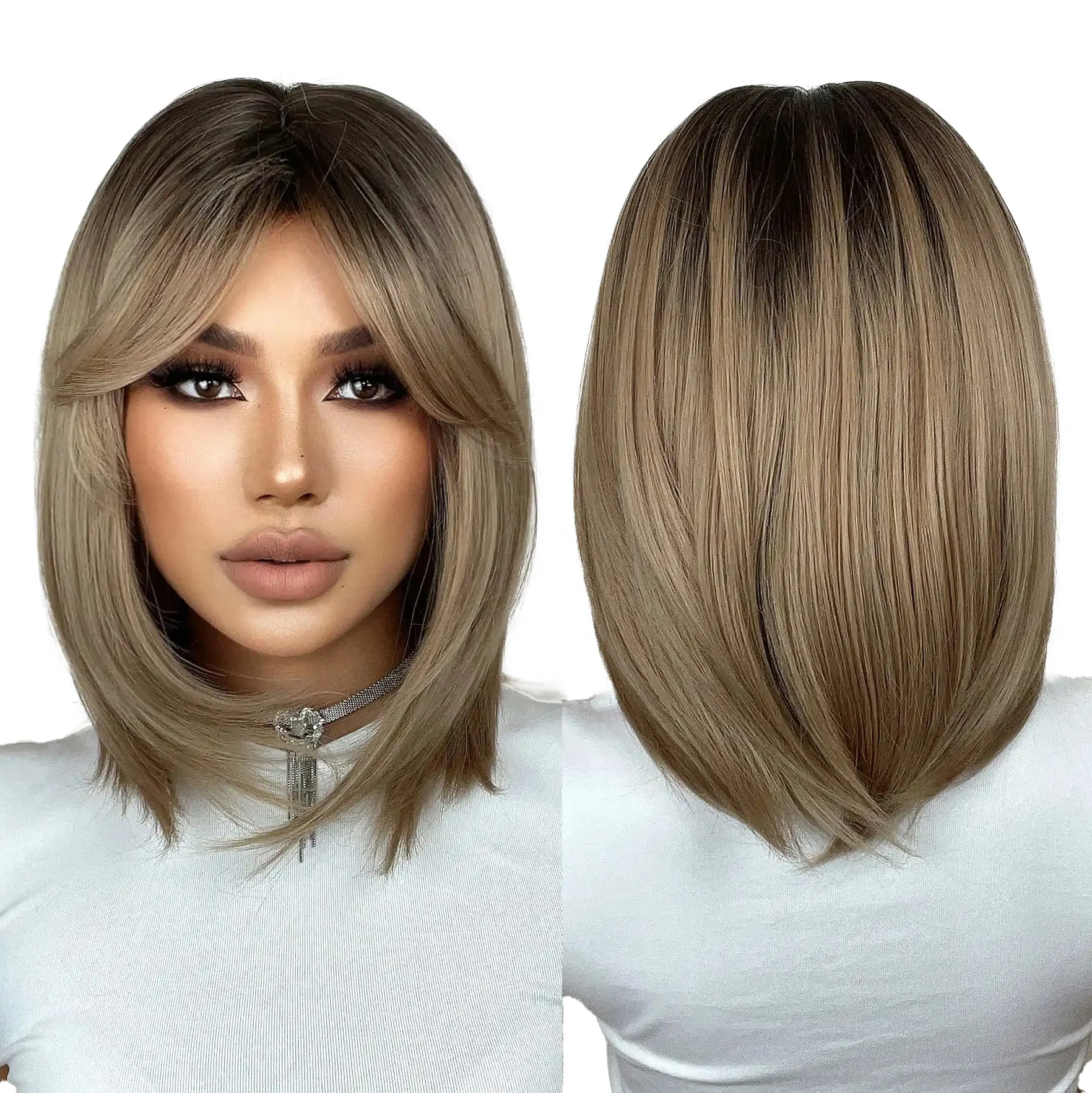 Blonde Ombre Short Bobo Synthetic Natural Hair Wig with Bangs for Women Cosplay Party Heat Resistant Fiber Wigs